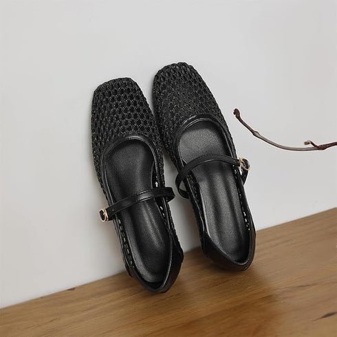 Mesh Ballet Flat Chunky Low Heel Buckle Straps Casual Shoes